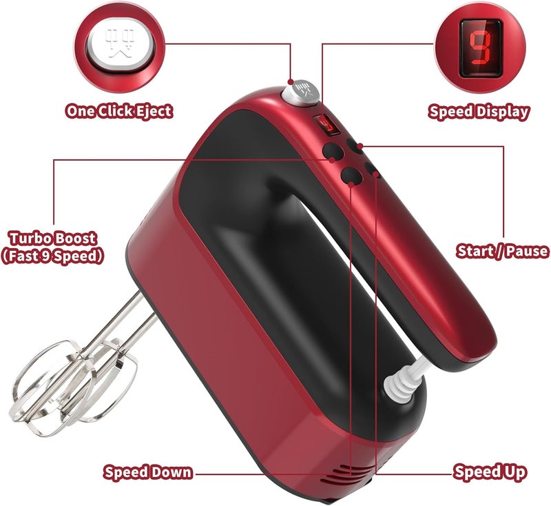 Yomelo 9-Speed Digital Hand Mixer Electric, 400W Powerful DC Motor, Hand Mixer Electric Handheld with Snap-On Storage Case, 5 Stainless Steel Accessories, Beaters, Dough Hooks, Whisk(Red) - Image 2